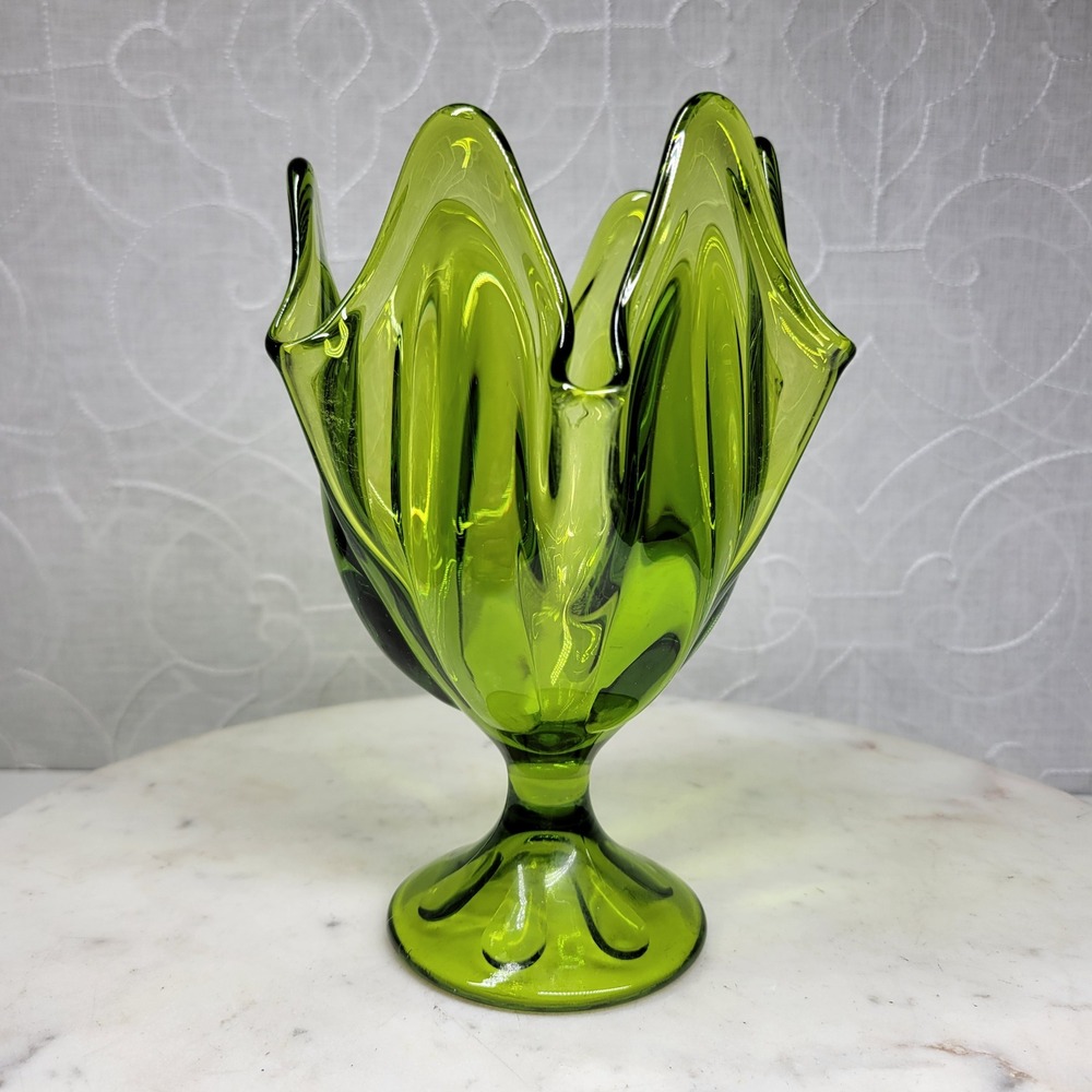 VTG Viking Epic Glass Swung Vase Six Finger Green Pedestal Footed MCM Home Decor